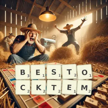 Kreative Illustration für ein Scrabble-Spiel, bei dem das Wort BESTOCKTEM mit Steinen auf dem Brett gelegt wurde.