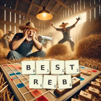 Kreative Illustration für ein Scrabble-Spiel, bei dem das Wort BESTREB mit Steinen auf dem Brett gelegt wurde.