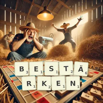 Kreative Illustration für ein Scrabble-Spiel, bei dem das Wort BESTÄRKEN mit Steinen auf dem Brett gelegt wurde.