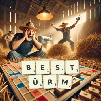 Kreative Illustration für ein Scrabble-Spiel, bei dem das Wort BESTÜRM mit Steinen auf dem Brett gelegt wurde.