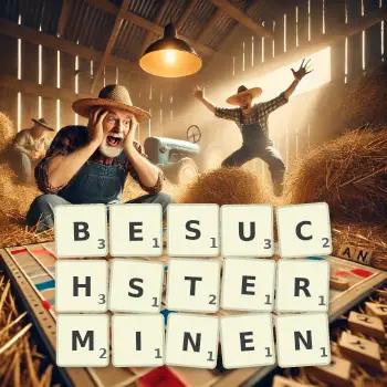 Kreative Illustration für ein Scrabble-Spiel, bei dem das Wort BESUCHSTERMINEN mit Steinen auf dem Brett gelegt wurde.