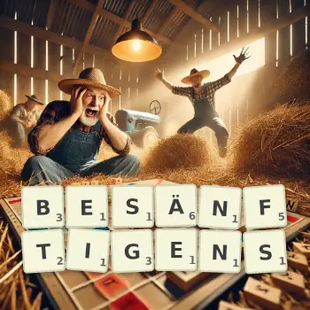 Kreative Illustration für ein Scrabble-Spiel, bei dem das Wort BESÄNFTIGENS mit Steinen auf dem Brett gelegt wurde.
