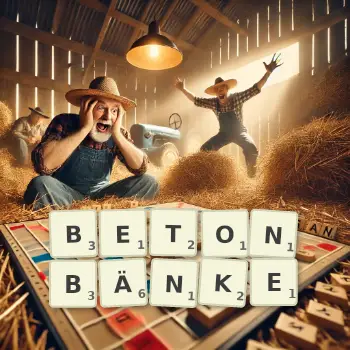 Kreative Illustration für ein Scrabble-Spiel, bei dem das Wort BETONBÄNKE mit Steinen auf dem Brett gelegt wurde.