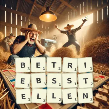 Kreative Illustration für ein Scrabble-Spiel, bei dem das Wort BETRIEBSSTELLEN mit Steinen auf dem Brett gelegt wurde.