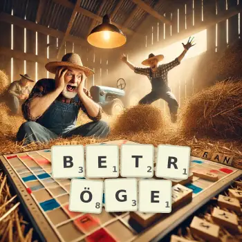 Kreative Illustration für ein Scrabble-Spiel, bei dem das Wort BETRÖGE mit Steinen auf dem Brett gelegt wurde.