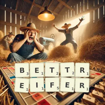 Kreative Illustration für ein Scrabble-Spiel, bei dem das Wort BETTREIFER mit Steinen auf dem Brett gelegt wurde.