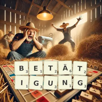 Kreative Illustration für ein Scrabble-Spiel, bei dem das Wort BETÄTIGUNG mit Steinen auf dem Brett gelegt wurde.