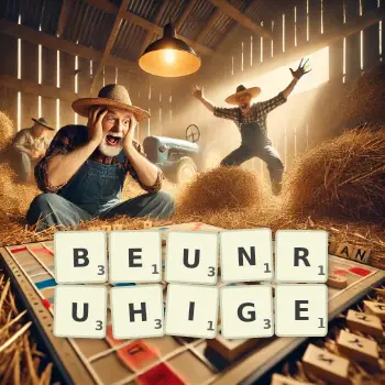 Kreative Illustration für ein Scrabble-Spiel, bei dem das Wort BEUNRUHIGE mit Steinen auf dem Brett gelegt wurde.