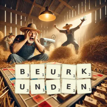 Kreative Illustration für ein Scrabble-Spiel, bei dem das Wort BEURKUNDEN mit Steinen auf dem Brett gelegt wurde.