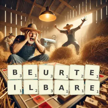 Kreative Illustration für ein Scrabble-Spiel, bei dem das Wort BEURTEILBARE mit Steinen auf dem Brett gelegt wurde.