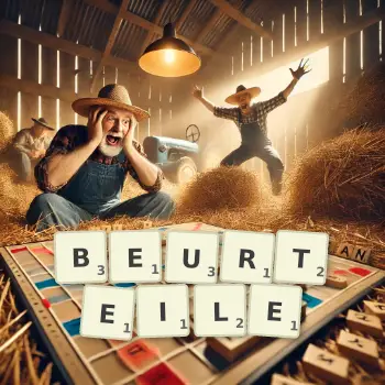 Kreative Illustration für ein Scrabble-Spiel, bei dem das Wort BEURTEILE mit Steinen auf dem Brett gelegt wurde.