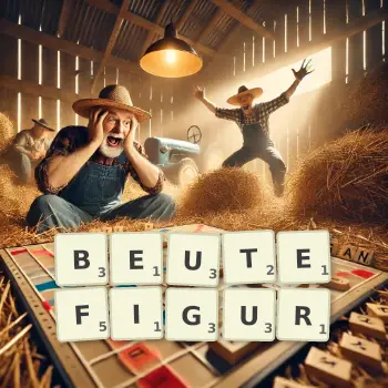 Kreative Illustration für ein Scrabble-Spiel, bei dem das Wort BEUTEFIGUR mit Steinen auf dem Brett gelegt wurde.