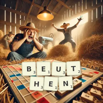 Kreative Illustration für ein Scrabble-Spiel, bei dem das Wort BEUTHEN mit Steinen auf dem Brett gelegt wurde.