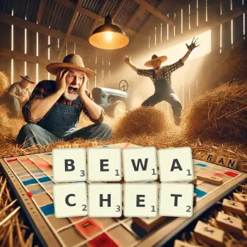 Kreative Illustration für ein Scrabble-Spiel, bei dem das Wort BEWACHET mit Steinen auf dem Brett gelegt wurde.