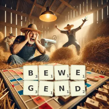 Kreative Illustration für ein Scrabble-Spiel, bei dem das Wort BEWEGEND mit Steinen auf dem Brett gelegt wurde.