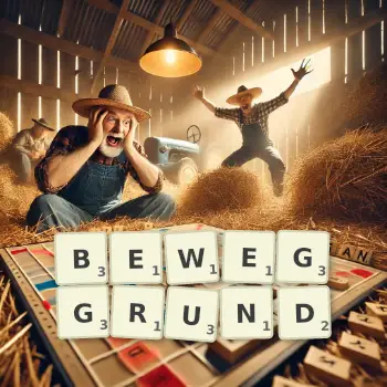 Kreative Illustration für ein Scrabble-Spiel, bei dem das Wort BEWEGGRUND mit Steinen auf dem Brett gelegt wurde.