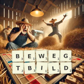 Kreative Illustration für ein Scrabble-Spiel, bei dem das Wort BEWEGTBILD mit Steinen auf dem Brett gelegt wurde.