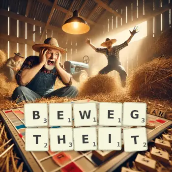 Kreative Illustration für ein Scrabble-Spiel, bei dem das Wort BEWEGTHEIT mit Steinen auf dem Brett gelegt wurde.