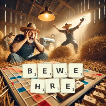 Kreative Illustration für ein Scrabble-Spiel, bei dem das Wort BEWEHRE mit Steinen auf dem Brett gelegt wurde.