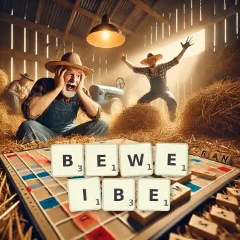 Kreative Illustration für ein Scrabble-Spiel, bei dem das Wort BEWEIBE mit Steinen auf dem Brett gelegt wurde.