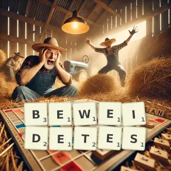 Kreative Illustration für ein Scrabble-Spiel, bei dem das Wort BEWEIDETES mit Steinen auf dem Brett gelegt wurde.