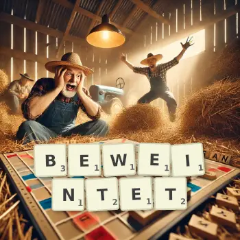 Kreative Illustration für ein Scrabble-Spiel, bei dem das Wort BEWEINTET mit Steinen auf dem Brett gelegt wurde.