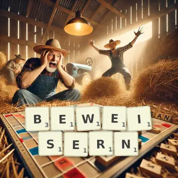 Kreative Illustration für ein Scrabble-Spiel, bei dem das Wort BEWEISERN mit Steinen auf dem Brett gelegt wurde.