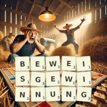 Kreative Illustration für ein Scrabble-Spiel, bei dem das Wort BEWEISGEWINNUNG mit Steinen auf dem Brett gelegt wurde.