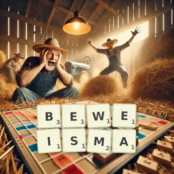 Kreative Illustration für ein Scrabble-Spiel, bei dem das Wort BEWEISMA mit Steinen auf dem Brett gelegt wurde.