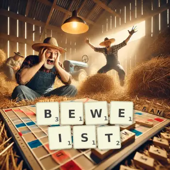 Kreative Illustration für ein Scrabble-Spiel, bei dem das Wort BEWEIST mit Steinen auf dem Brett gelegt wurde.