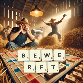 Kreative Illustration für ein Scrabble-Spiel, bei dem das Wort BEWERFT mit Steinen auf dem Brett gelegt wurde.