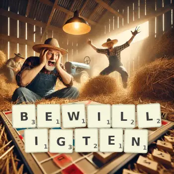 Kreative Illustration für ein Scrabble-Spiel, bei dem das Wort BEWILLIGTEN mit Steinen auf dem Brett gelegt wurde.