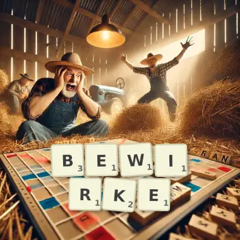 Kreative Illustration für ein Scrabble-Spiel, bei dem das Wort BEWIRKE mit Steinen auf dem Brett gelegt wurde.