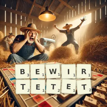 Kreative Illustration für ein Scrabble-Spiel, bei dem das Wort BEWIRTETET mit Steinen auf dem Brett gelegt wurde.
