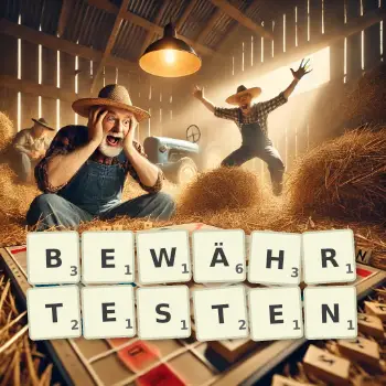 Kreative Illustration für ein Scrabble-Spiel, bei dem das Wort BEWÄHRTESTEN mit Steinen auf dem Brett gelegt wurde.