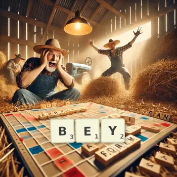 Kreative Illustration für ein Scrabble-Spiel, bei dem das Wort BEY mit Steinen auf dem Brett gelegt wurde.