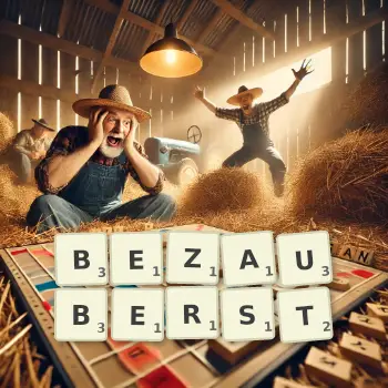 Kreative Illustration für ein Scrabble-Spiel, bei dem das Wort BEZAUBERST mit Steinen auf dem Brett gelegt wurde.