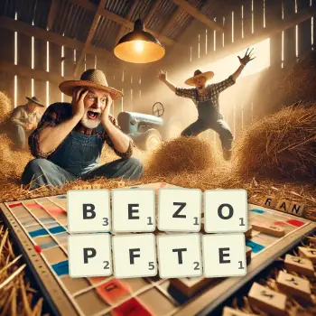 Kreative Illustration für ein Scrabble-Spiel, bei dem das Wort BEZOPFTE mit Steinen auf dem Brett gelegt wurde.