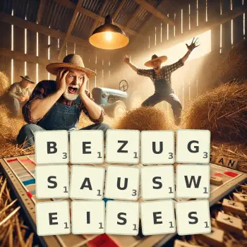 Kreative Illustration für ein Scrabble-Spiel, bei dem das Wort BEZUGSAUSWEISES mit Steinen auf dem Brett gelegt wurde.