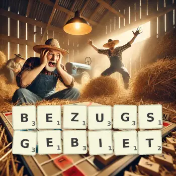 Kreative Illustration für ein Scrabble-Spiel, bei dem das Wort BEZUGSGEBIET mit Steinen auf dem Brett gelegt wurde.