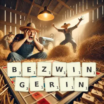 Kreative Illustration für ein Scrabble-Spiel, bei dem das Wort BEZWINGERIN mit Steinen auf dem Brett gelegt wurde.