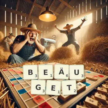 Kreative Illustration für ein Scrabble-Spiel, bei dem das Wort BEÄUGET mit Steinen auf dem Brett gelegt wurde.
