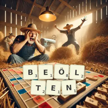 Kreative Illustration für ein Scrabble-Spiel, bei dem das Wort BEÖLTEN mit Steinen auf dem Brett gelegt wurde.