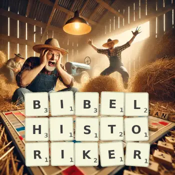 Kreative Illustration für ein Scrabble-Spiel, bei dem das Wort BIBELHISTORIKER mit Steinen auf dem Brett gelegt wurde.