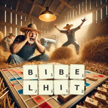 Kreative Illustration für ein Scrabble-Spiel, bei dem das Wort BIBELHIT mit Steinen auf dem Brett gelegt wurde.