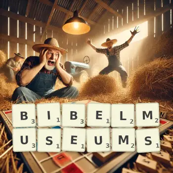 Kreative Illustration für ein Scrabble-Spiel, bei dem das Wort BIBELMUSEUMS mit Steinen auf dem Brett gelegt wurde.