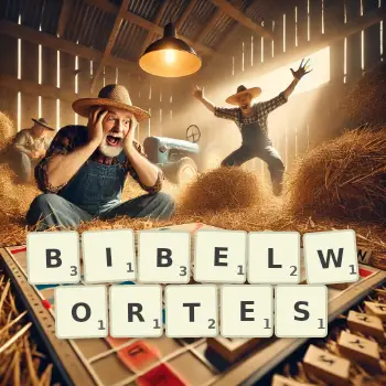 Kreative Illustration für ein Scrabble-Spiel, bei dem das Wort BIBELWORTES mit Steinen auf dem Brett gelegt wurde.