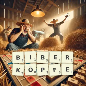 Kreative Illustration für ein Scrabble-Spiel, bei dem das Wort BIBERKÖPFE mit Steinen auf dem Brett gelegt wurde.