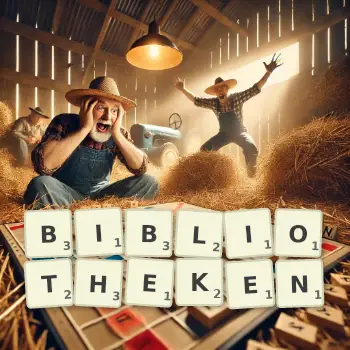 Kreative Illustration für ein Scrabble-Spiel, bei dem das Wort BIBLIOTHEKEN mit Steinen auf dem Brett gelegt wurde.