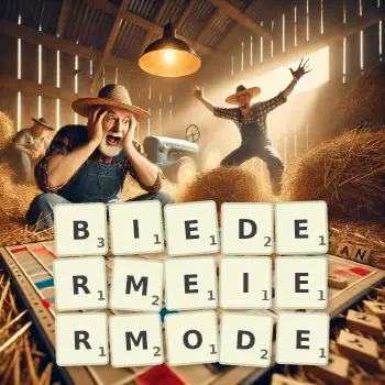 Kreative Illustration für ein Scrabble-Spiel, bei dem das Wort BIEDERMEIERMODE mit Steinen auf dem Brett gelegt wurde.